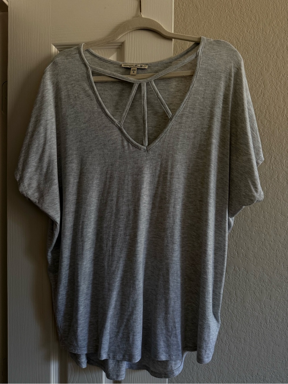 Express Light Gray V-Neck Short Sleeve Top with Strap Detail